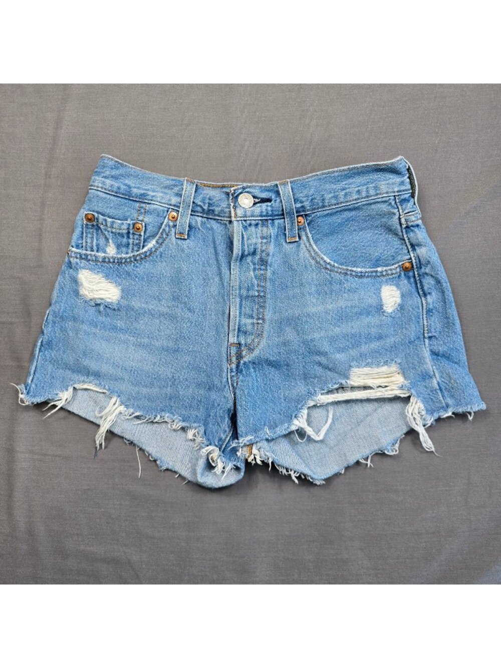 Levis W25 Womens 501 High Rise Distressed Denim Shorts Blue Button Fly Raw Hem